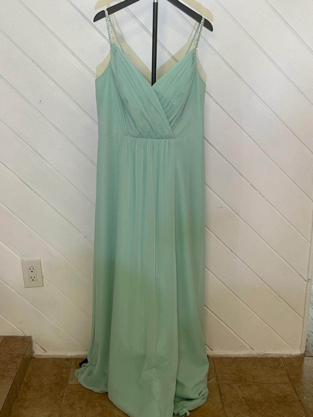 David's Bridal Mint Green Chiffon Maxi Dress with Beaded Straps